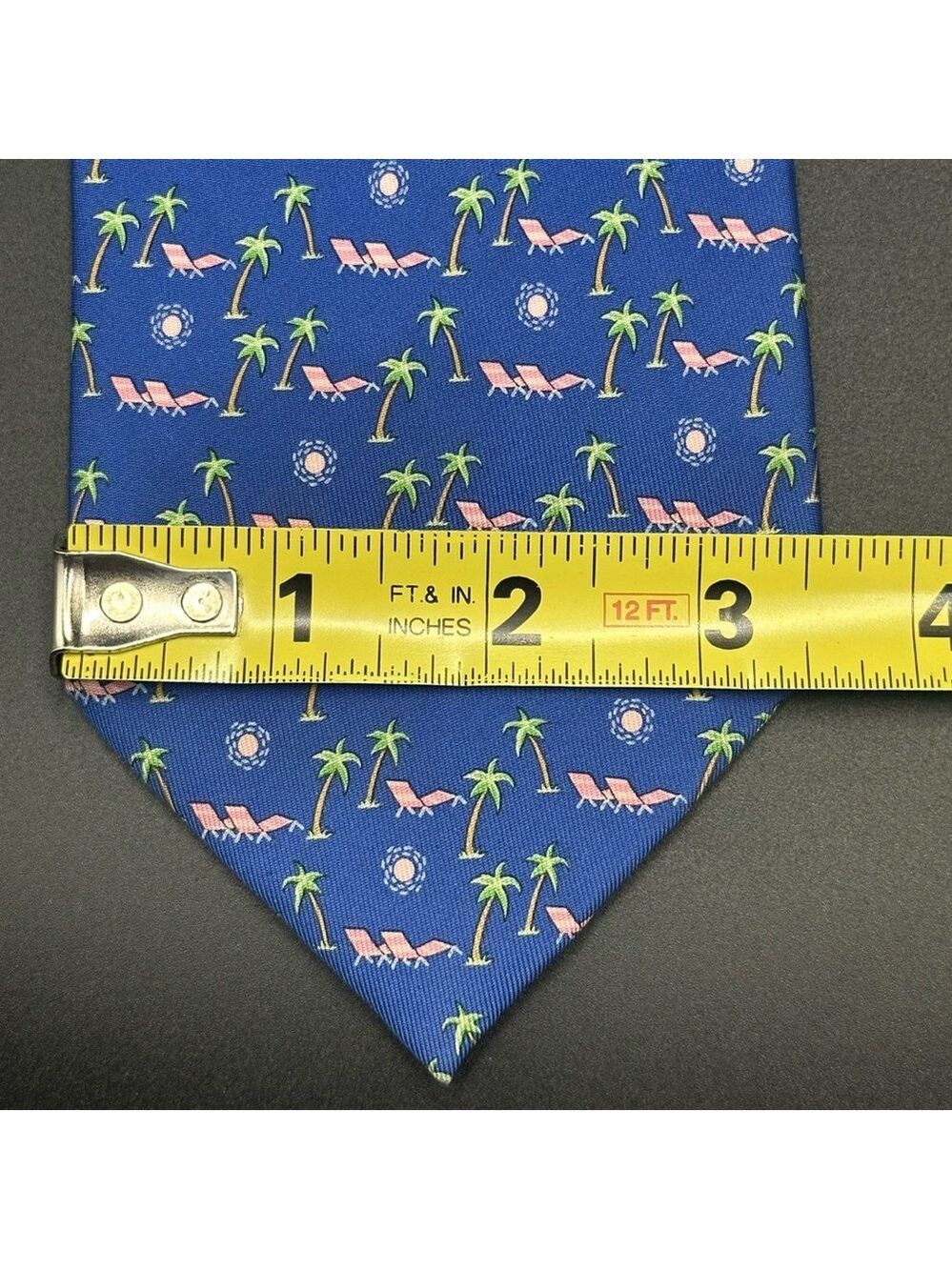 Ferragamo Silk Tie Blue Pink & Green with Palm Trees Lounge Chairs & the Sun - Picture 4 of 16
